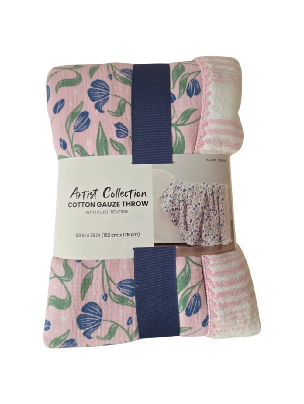 Artist Collection Cotton Gauze Floral Pink Throw Plush Striped Reverse 60x70 New